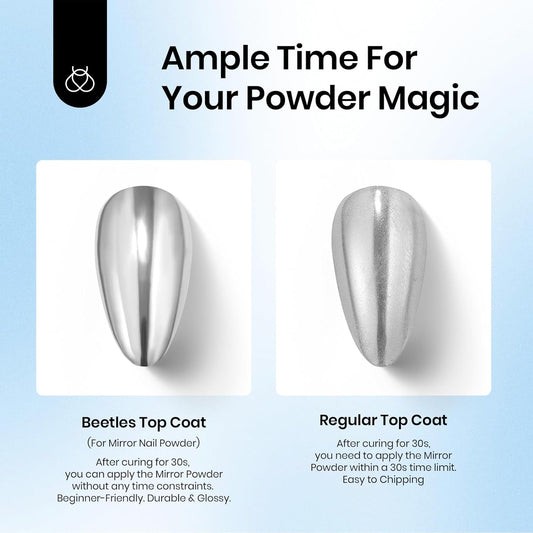 Beetles Chrome Top Coat Gel Nail Polish and Decoration Sealing Gel, 7.5ml*2PCS Chrome Nail Powder Shine Finish and Long Lasting, Soak Off LED U v Lamp Nail Art Design Diy at Home