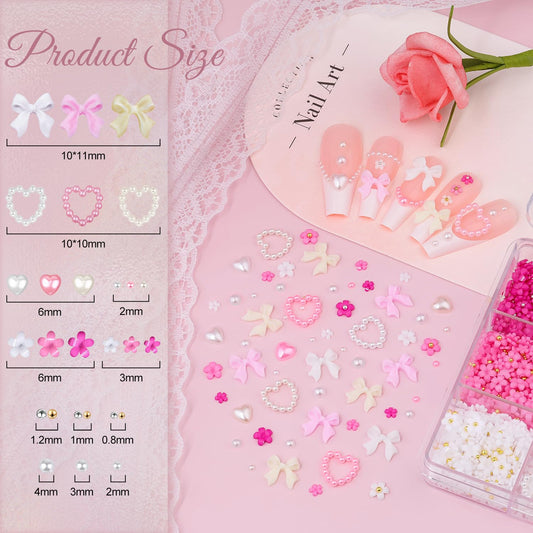 3D Nail Charms and Gems Set 8 with Rhinestone Glue, 20PCS Chunky Butterfly Charms + 75PCS Coquette Nail Bows and Hearts + 3D Flowers with Crystals, Pearls, Diamonds and Picker Tools for Y2K Nail Decor