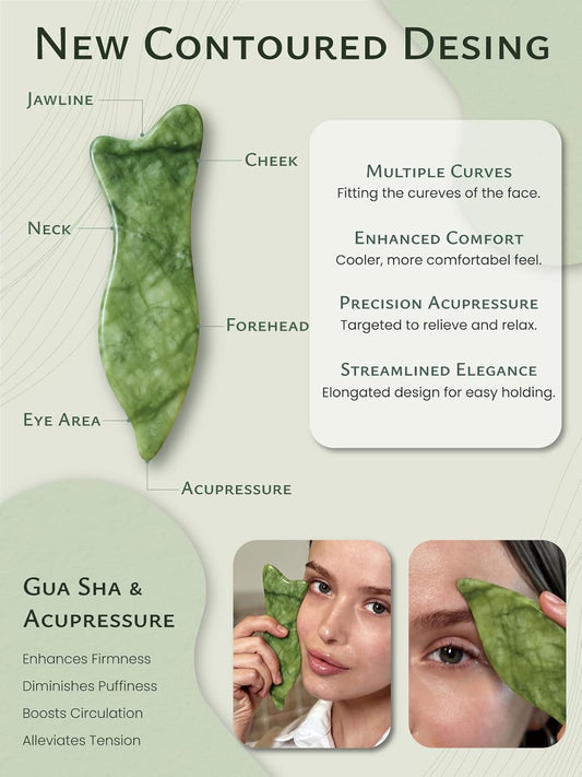 Rena Chris Natural Jade Gua Sha Facial Tools - Acupressure & Gua Sha for Face Massage, Jawline Sculpting, Puffiness Reduction, Guasha Skin Care Tool with Carry Pouch and Cleaning Cloth