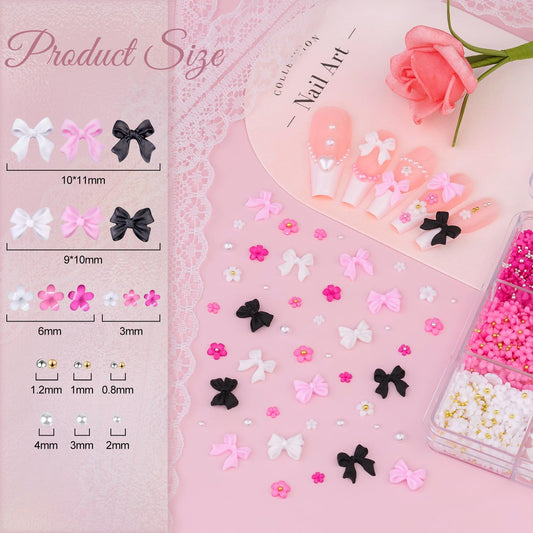 3D Nail Charms and Gems Set 10 with Rhinestone Glue, 20PCS Chunky Butterfly Charms + 60PCS Nail Bows in 2 Styles + 3D Flowers with Crystals, Pearls, Diamonds, and Picker Tools for Y2K Nail Decor