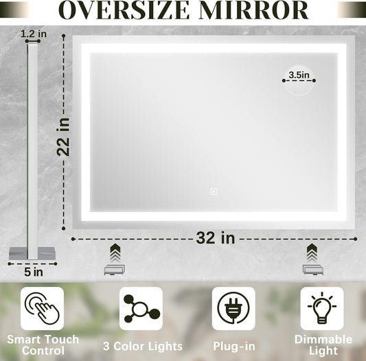 32x 22 Inch Large Lighted Vanity Mirror with Dimmable 3 Modes, LED Makeup Mirror for Bathroom & Dressing Room, Tabletop or Wall-Mounted, White