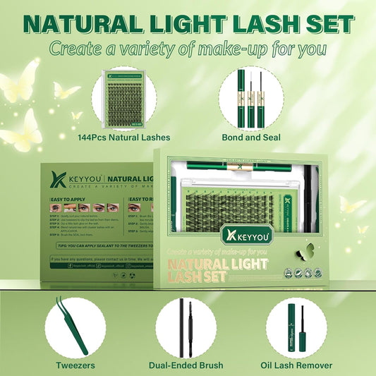 Natural Lash Clusters Kit 144Pcs DIY Lash Extension Kit Wispy Eyelash Extensions Kit D Curl 8-18MIX with Bond and Seal and tweezers with Thin Lash Band by KEYYOU(KIT-N02-D-8-18MIX)