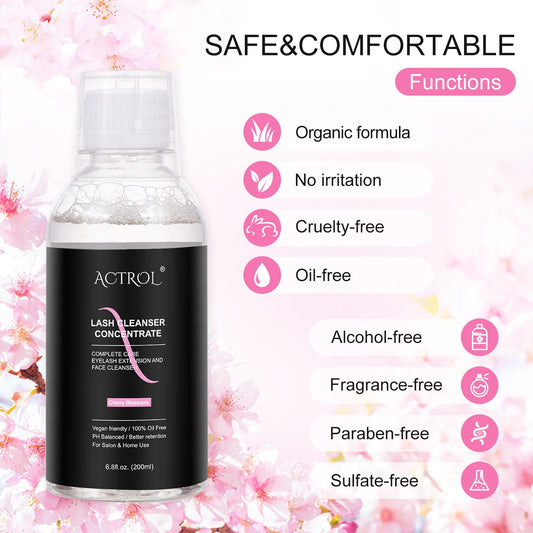 Eyelash Cleanser Concentrate 200ml Cherry Blossoms Professional Lash Shampoo Foaming Cleanser DIY Paraben & Sulfate Free Non-lrritating Wash for Extensions Lashes with Salon Home Care-Makes 20 Bottles