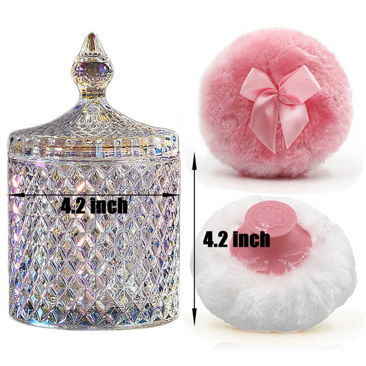 Luxury 4.2 Inch Glass Powder Container with 2 Plush Puffs|Non-Sealed Organizer for Body Powder&Makeup|Setting Powder Applicator w/Loose Powder Storage(Pointed Cylinder-Dazzling Colors-Large)