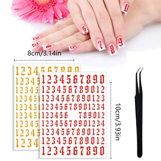 SILPECWEE 9 Sheets Number Nail Stickers Tips 3D Laser Nail Decals for Women Self Adhesive Nail Art Stickers Manicure Design Sticker Nails Decoration with 1Pc Tweezers