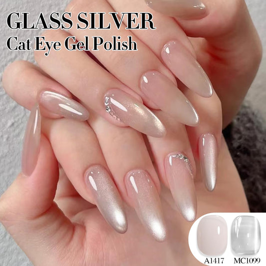 Double Rhythm Jelly Glass Cat Eye Gel Polish with Magnet 15ML Holographic Glitter Shimmer Translucent Sheer Color Magnetic Nail Polish Salon DIY at Home (Jelly Silver-MC1099)