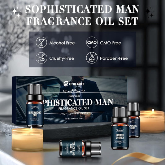 Men Essential Oils Set - TOP 6 Gentlemen's Fragrance Oil for Diffuser, Candle & Soap Making - Tobacco and Bay Leaf, Kentucky Bourbon, Galactic Skies, Scotch Whisky, Birchwood Oud