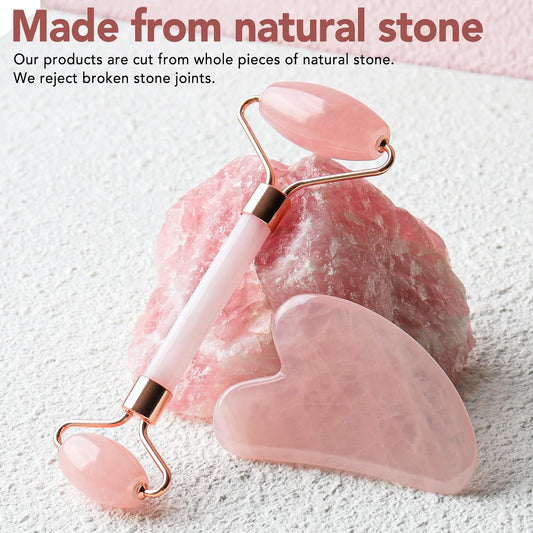 huefull Face Massager Rose Quartz Face Roller & Gua Sha Facial Tool Set, Muscle Tension Relief, Skin Care Gifts for Woman/Men, Skin Care Gifts