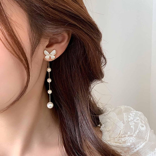 Vintage Crystal Butterfly Pearl Earrings Long pearl Drop Earrings Gold Pearl Tassel Chain Earrings Sparkly Cz Butterfly Stud Earrings Jewelry for Women