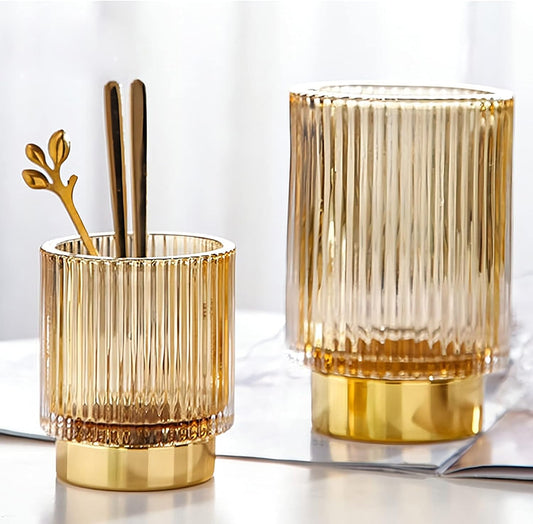 DASITON Makeup Brush holder Organizer,Crystal Cosmetic Makeup Brush Glass Brushes Storage Holder, Vintage Make Up Brush Cup Pen Pencil Holder striped vase(Coffee S+L)