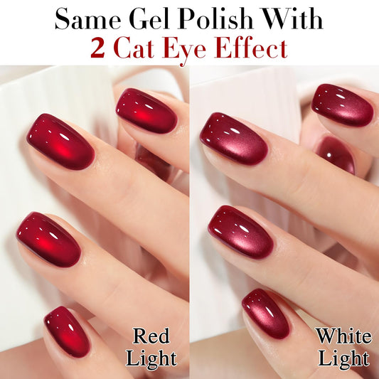Double Rhythm Jelly Glass Cat Eye Gel Polish with Magnet 15ML Holographic Glitter Shimmer Translucent Sheer Color Magnetic Nail Polish Salon DIY at Home (Red-MC1116)