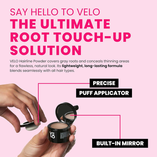 VELO Hairline Powder–DARK BROWN Hair Root Touch Up Powder for Women & Men–Instantly Covers Gray Hair, Thinning Hair & Bald Spots–Sweatproof Root Cover Up–Puff & Mirror Compact, 13 Shades