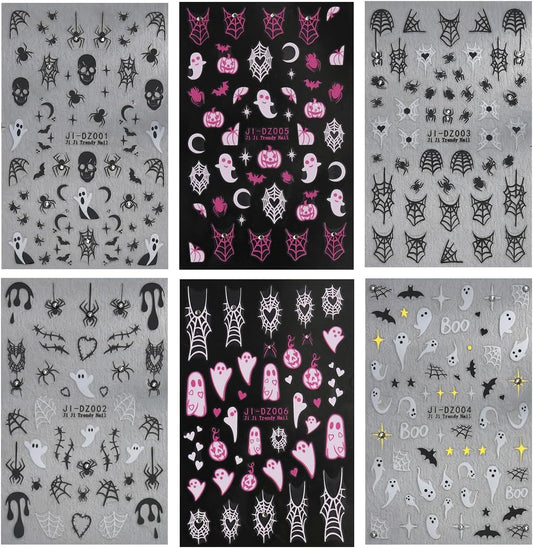 6Sheets Halloween Nail Stickers for Nail Art,3D Self-Adhesive Cute Ghost Spider Web Nail Decals with Rhinestones Design,Pink Pumpkin Spiders Skull Nail Art Stickers for Women Girls DIY Nail Decoration