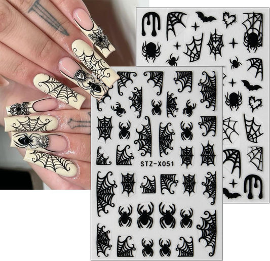 8Sheets Halloween Nail Art Stickers Spider Web Nail Stickers for Nail Art 3D Self-Adhesive Nail Decals Gold Silver Black White Glitter Spiderweb Bat Spiders Nail Design Halloween Manicure Accessories