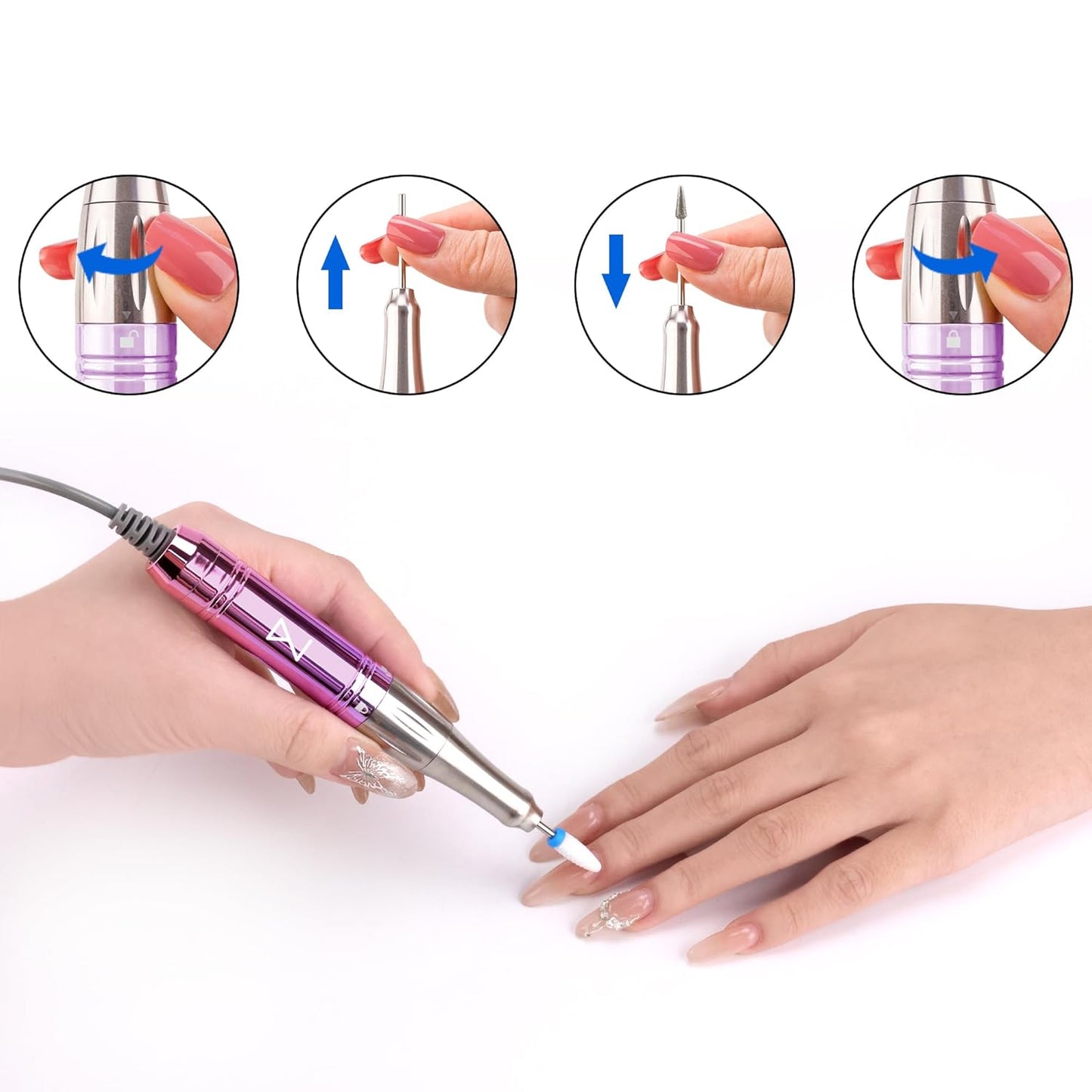 M Mase- Professional Nail Drill Machine - Coreless 2-in-1 Nail File - Electric, Cordless, 35000 RPM, HD Display - Electric Nail Drill for Professional & Home Use (Gold)