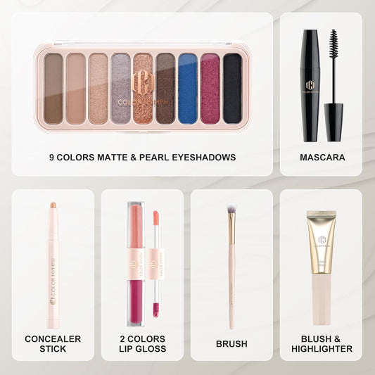 Color Nymph All In One Makeup Kit For Teens And Girls With Waterproof Handbag Makeup Kit Included 9 Colors Matte And Pearl Eyeshadow Palette Liquid Blush, Double Ended Lipgloss Concealer Brush Mascara