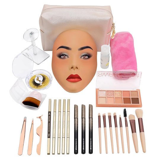 3D Makeup Practice Face Board,Reusable Silicone Makeup Practice Face/Makeup Mannequin Face,with Makeup Brushes Set&Dual head Eyebrow Pencils&a Pair of Eyelashes&a Makeup Bag&makeup remover towel