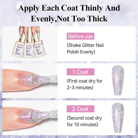 Glitter Silver Nail Polish Quick Dry, Sparkle Iridescent Nail Lacquer Air Fast Drying, Reflective Flash Long-Lasting Vegan Fingernail Polish, 12ML