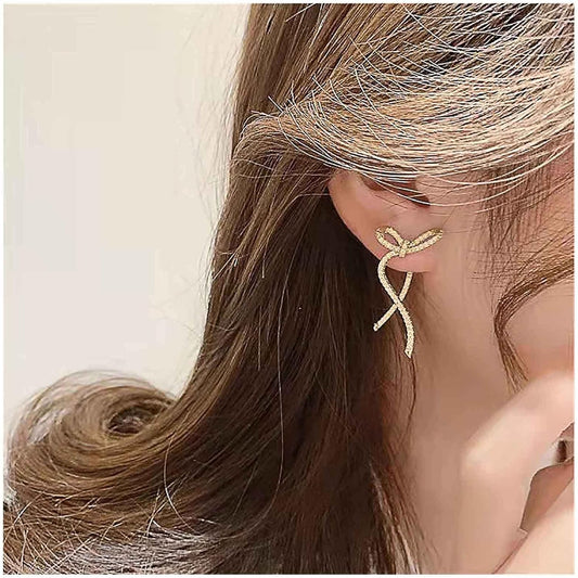 Vintage Crystal Bow Earrings Rhinestone Bow Drop Earrings Long Cz Rhinestone Earrings Gold Bow Cz Stud Earrings Jewelry for Women