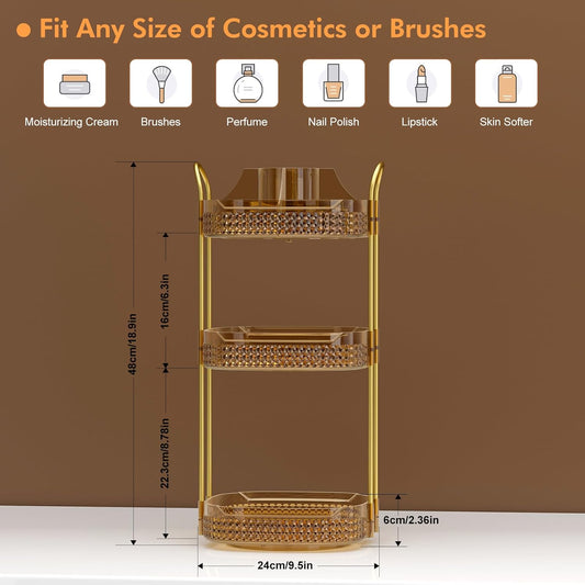 Awenia Rotating Makeup Organizer 360, Stackable Adjustable Large Capacity Cosmetic Storage Unit,Dresser Bathroom Kitchen Countertop Organizer with Metal Handle, Plus Size (Honorable Gold, 3 Tier)