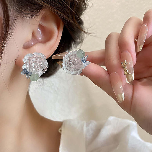 Vintage Resin Flower Earrings Camellia Flower Stud Earrings Large Transparent Flower Earrings Boho Transparent Petal Earrings Jewelry for Women