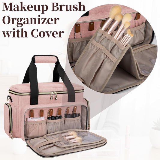 Large Makeup Bag, Portable Travel Makeup Bag Organizer for Women Girls with 2 Removable Pouches & Detachable Dividers, Cosmetic Travel Bag, Toiletry Bag for Makeup and Hair Supplies Pink