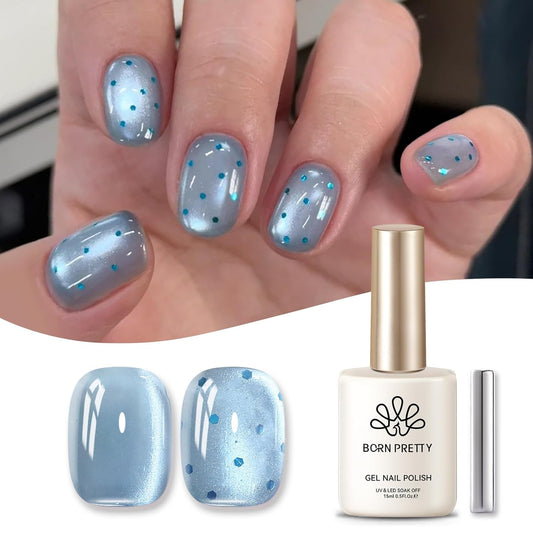 BORN PRETTY Cat Magnetic Eye Gel Nail Polish, Blue Glitter Cat Magnetic Gel Nail Polish, Crescent Bay Magnetic Nail Polish for Nail Art Manicure Salon DIY at Home 15ML