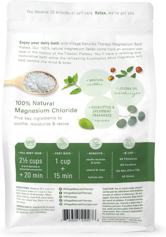 Village Naturals Therapy Muscle Magnesium Bath Flakes, Eucalyptus, Mint & Menthol Scent, 2.5 lbs
