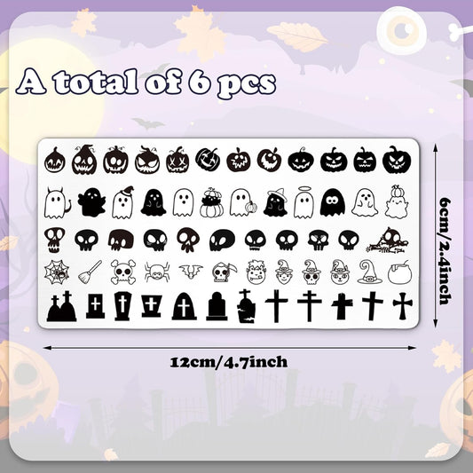 Whaline 6Pcs Halloween Nail Plates Stamping Set Pumpkin Ghost Skull Stamp Templates Nail Art Plates for DIY Print Manicure Salon Design Gift