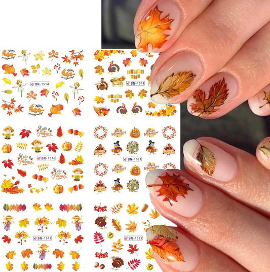12 Sheets Fall Maple Leaf Nail Art Stickers Autumn Water Transfer Nail Decals Thanksgiving Day Nail Art Supplies Turkey Pumpkin Leaves Scarecrow Nail Design Slider Stickers for Women Nail Decorations