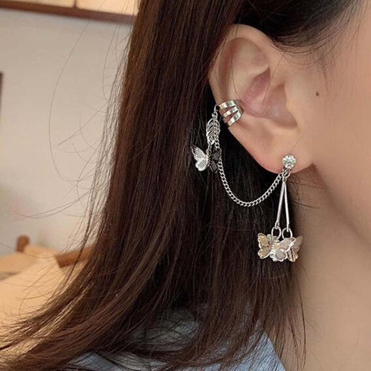 Silver Butterfly Chain Tassel Cuff Earrings Vintage Long Butterfly Hinge Dangle Drop Earrings Single Butterfly Ear Clips Statement Butterfly Crawler Cuff Earrings Jewelry for Women Girls