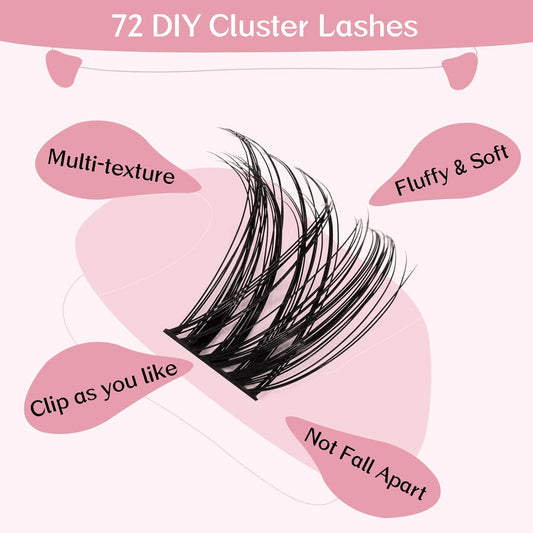Cluster Lashes 72 Pcs Lash Clusters DIY Eyelash Extension Individual Cluster Eyelashes Tender Style Self-Application Fluffy Super Thin Band Reusable Soft & Comfortable(Tender-D-8-16mix)