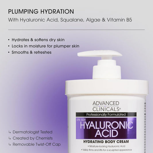 Advanced Clinicals Hyaluronic Acid Moisturizer Body Cream + Hyaluronic Acid Serum 2PC Skin Care Set | Face Serum & Body Lotion Help Diminish Appearance Of Wrinkles, Fine Lines, & Dry Skin, 2PC Bundle
