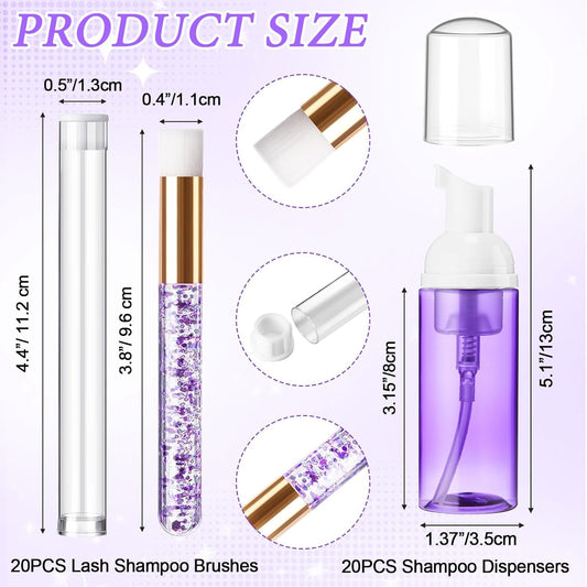 Zhehao 80 Pcs Lash Shampoo Bottle Brushes Kit 20 Foam Pump Dispensers 20 Lash Shampoo Brushes 20 Eyelash Aftercare Bag 20 Cleaning Pipes, Eyelash Extension Supplies(Purple)