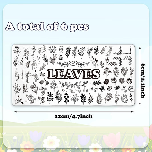 Whaline 6Pcs Spring Floral Leaves Nail Plates Stamping Set Plant Leaves Stamp Templates Nail Art Plates for DIY Print Manicure Salon Design