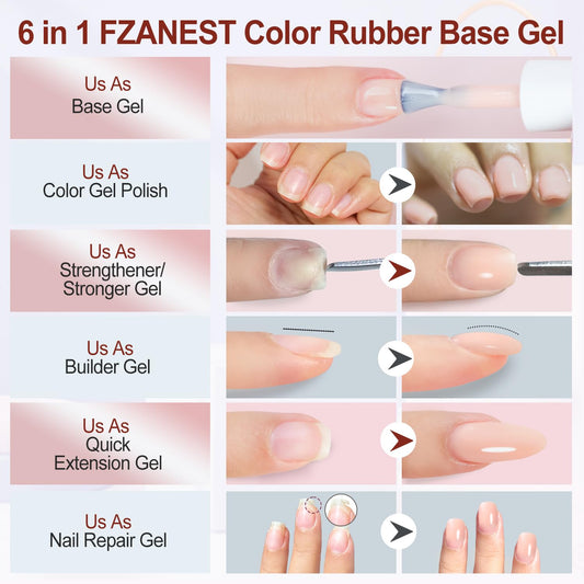 FZANEST Rubber Base Builder Gel Nail 15ml Jelly Natrual Nude Pink Color Gel Polish Nail Strengthener Self-leveling Extension Soak Off UV LED