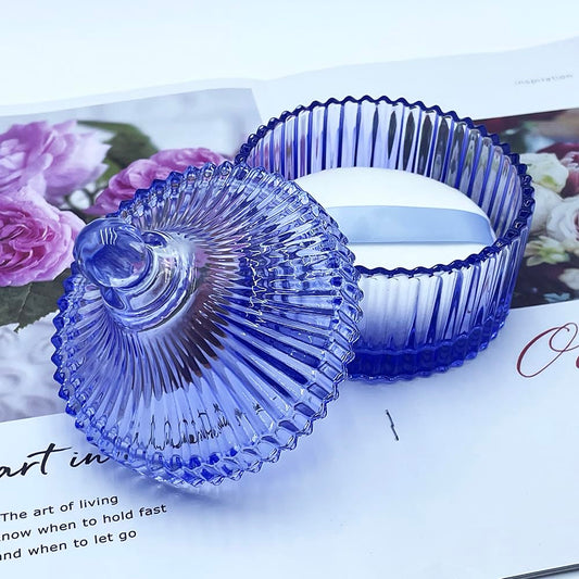 Ultra Soft Powder Puff and Container 3.3" High Density Velvet Dusting Washable Reusable Powder Puff,Body Powder Puff and Glass Jar Holder Loose Powder Box with Puff for Face Makeup(Blue)