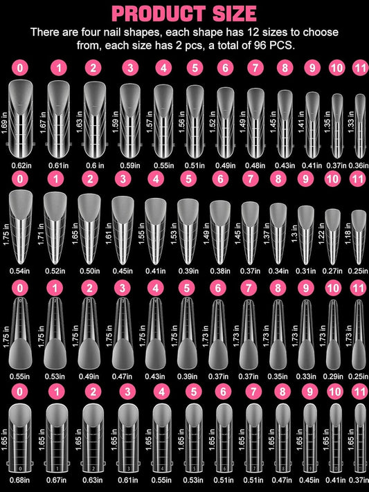 EBANKU 96PCS Clear Matte Dual Nail Forms Kit Full Cover Nail Mold Tips Acrylic Nail Extension Tools 4 Styles 12 Sizes Scale for Poly Gel Nail Art Salon Nails Design