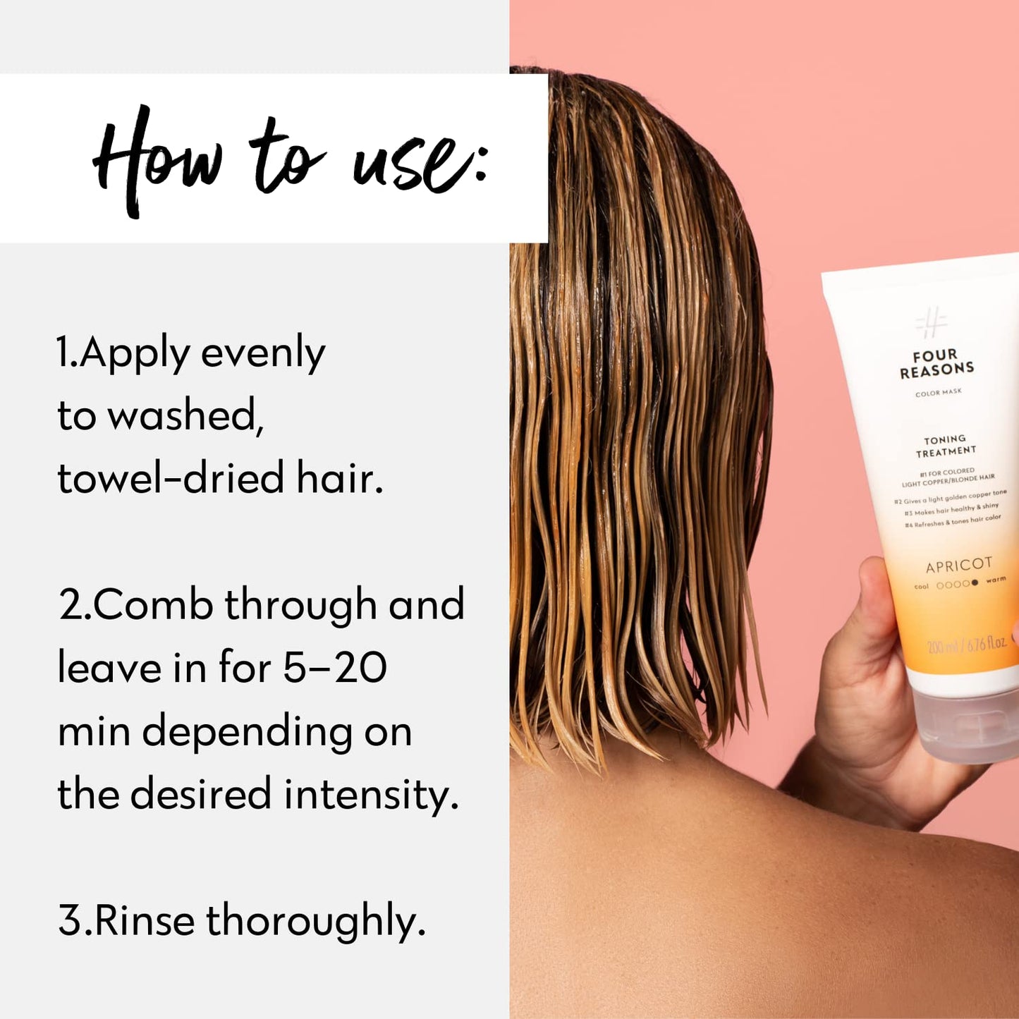 FOUR REASONS Color Mask - Apricot - (27 Colors) Toning Treatment, Color Depositing Conditioner, Tone & Enhance Color-Treated Hair - Semi Permanent Hair Dye, Vegan and Cruelty-Free, 6.76 fl oz