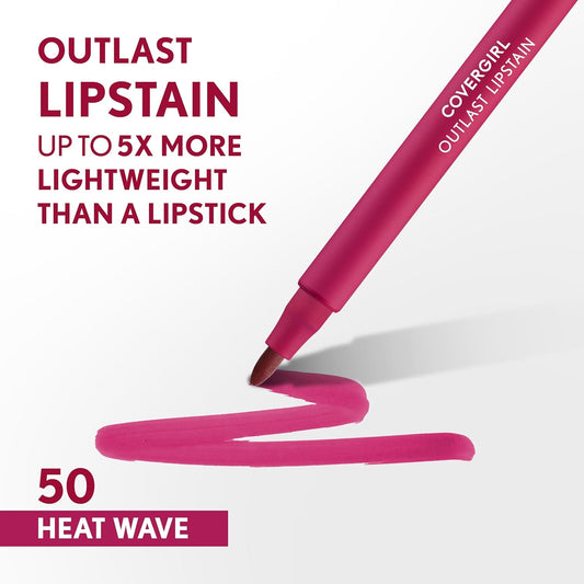 COVERGIRL Outlast, 50 Heat Wave, Lipstain, Smooth Application, Precise Pen-Like Tip, Transfer-Proof, Satin Stained Finish, Vegan Formula, 0.06oz