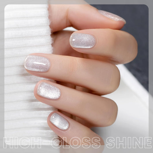 RARJSM Silver Diamond Cat Eye Gel Nail Polish Reflective Translucent Clear White Glitter Cateye Gel Polish 15ml Single Bottle with Magnet Stick UV LED Curing Requires Soak Off for Home Salon