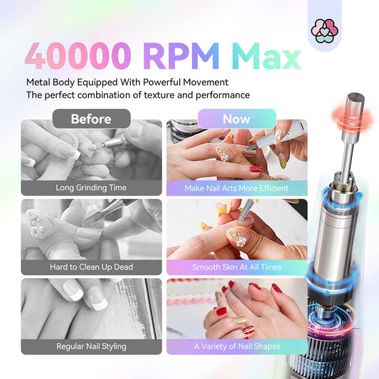 SAVILAND Advance Nail Drill for Acrylic Nails Professional: 40000RPM Nail Drill 6000mAhm High Capacity 2025 Rechargeable Electric Nail File 13 Drill Bits for Nails Manicure Pedicure E File Sky Realm