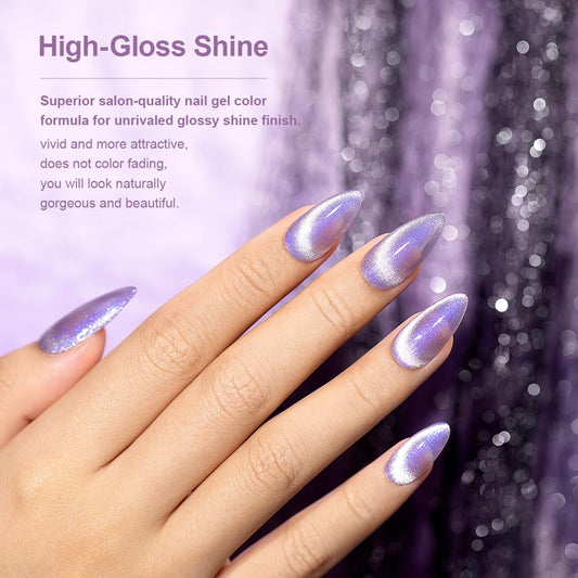 RARJSM Cat Eye Gel Nail Polish Aurora Violet Purple Velvet Silver Glitter Universal Galaxy Shimmer Ice Gel Polish with Magnet Stick Single Bottle 15ml LED UV Curing Requires Soak Off Salon Home