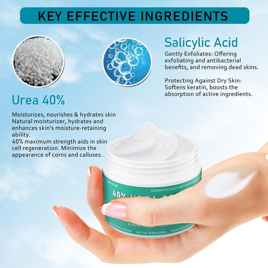 Urea Cream 40 Percent For Feet Maximum Strength - plus Salicylic Acid 2% Foot Cream For Dry Cracked Heels Feet Knees - Dead Skin Cuticle Callus Remover Toenail Softener - Pack of 2
