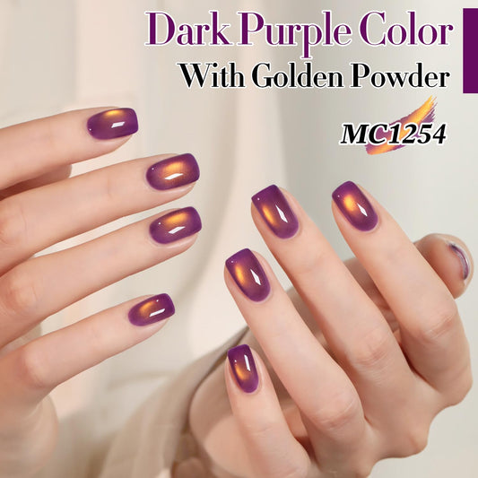 Double Rhythm Jelly Glass Cat Eye Gel Polish with Magnet 15ML Holographic Glitter Shimmer Translucent Sheer Color Magnetic Nail Polish Salon DIY at Home (Golden Purple-MC1254)