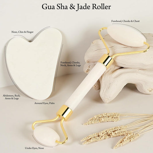 Real Perfection Gua Sha Facial Tools Face Roller for Wrinkles Jade Roller and Gua Sha Set, Scrubber Pore Brush Headband Skin Care Tools for Travel Skincare Routine Massaging Reducing Puffiness - White