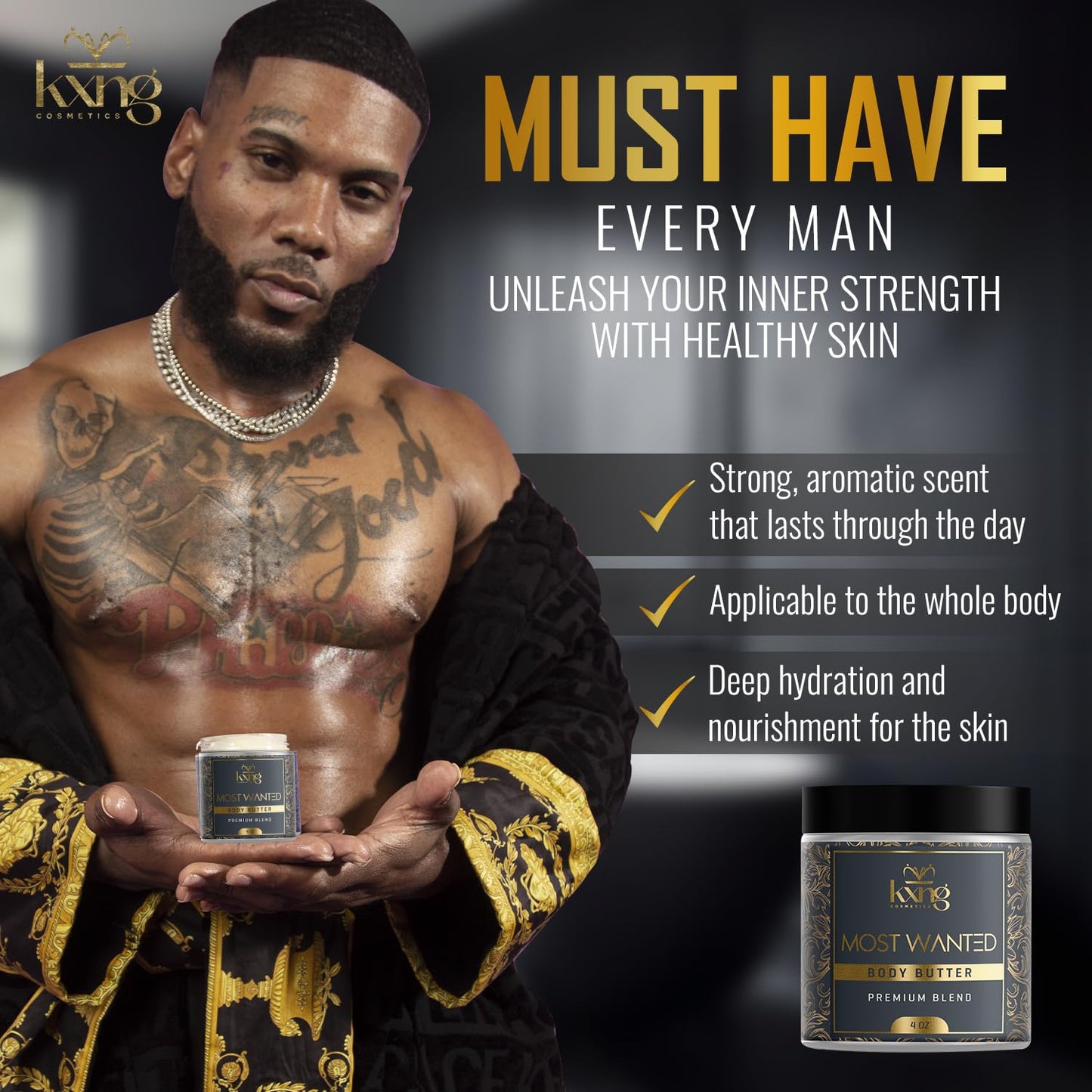 KXNG Cosmetics, Body Butter, Organic Skin Care for Men and Women, Body Moisturizer Lotions and Creams, Raw Shea Butter, Cocoa Butter, Mango, Coconut Oil, Hand, Foot, All Skin Types (Men's Care Pack)