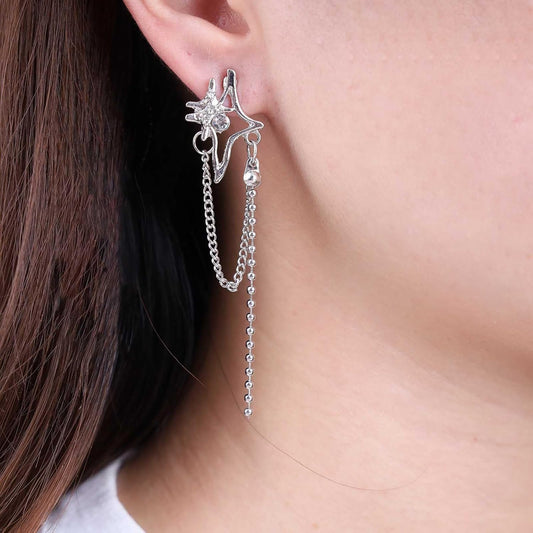 Vintage Crystal Northstar+Chain Drop Earrings Silver Tassel Chain Earrings Rhinestone Northstar Stud Earrings Long Beaded Chain Tassel Earrings Jewelry for Women