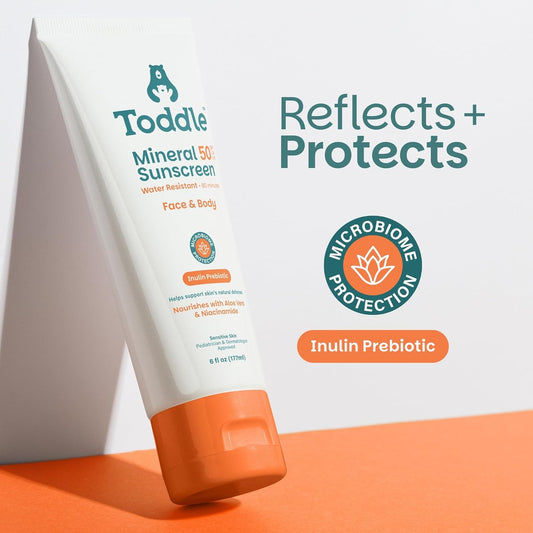 Prebiotic Mineral Sunscreen SPF 50 for Kids & Baby, Face & Body Sun Protection, Reef Safe, Non-Toxic Zinc Oxide Broad Spectrum, Water-Resistant, No White Cast, Travel Size 1.7oz