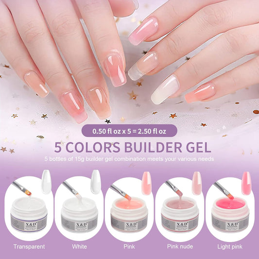 X&D Poly Gel Nail Kit - Natural Clear 5 Colors, Dual Forms, Gel Brush with Spatula, Professional Nail File and Buffer Set